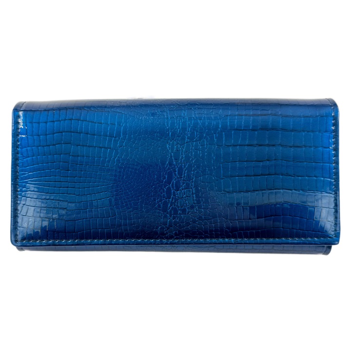 Portofel dama TITA, piele naturala, finisaj lucios tip reptila, albastru regal, 18.5x9.3x3.4cm