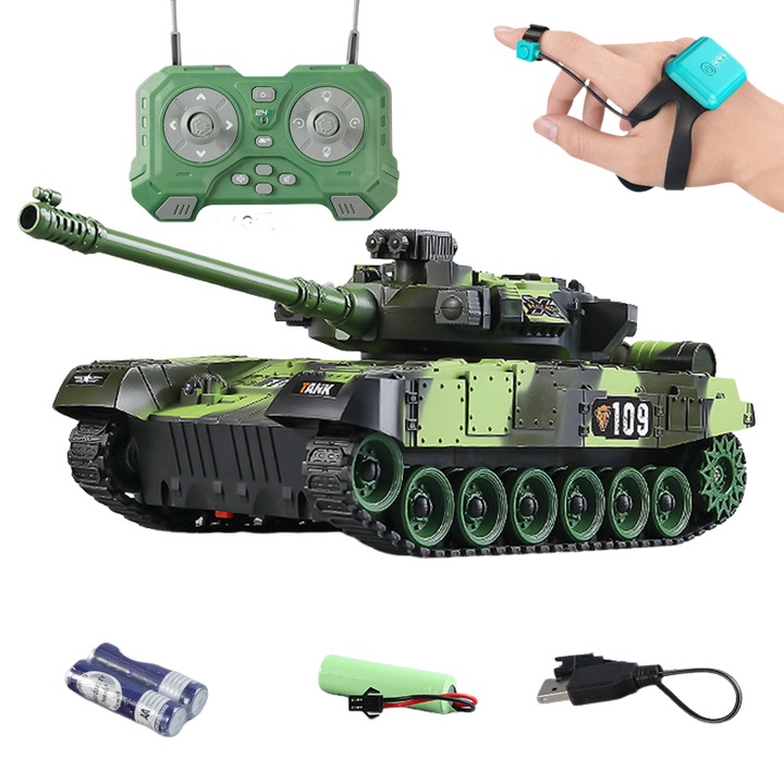 Tanc RC 9 canale, verde, cu fum, lumini, sunete, turela rotativa 360°, set cu doua baterii