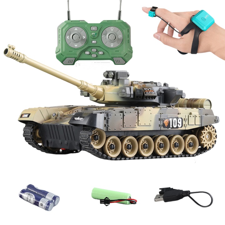 Tanc RC 9 canale, fum, lumini, sunete, turela rotativa 360°, set, galben