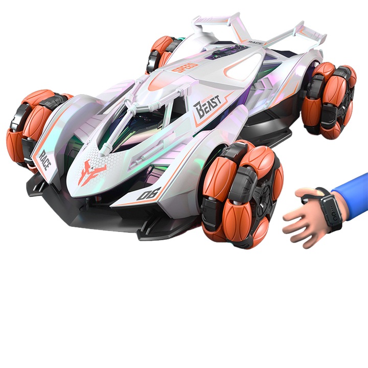 Masinuta cu telecomanda, 8 roti, rotatie 360°, caroserie iridescenta, roti luminoase, alb