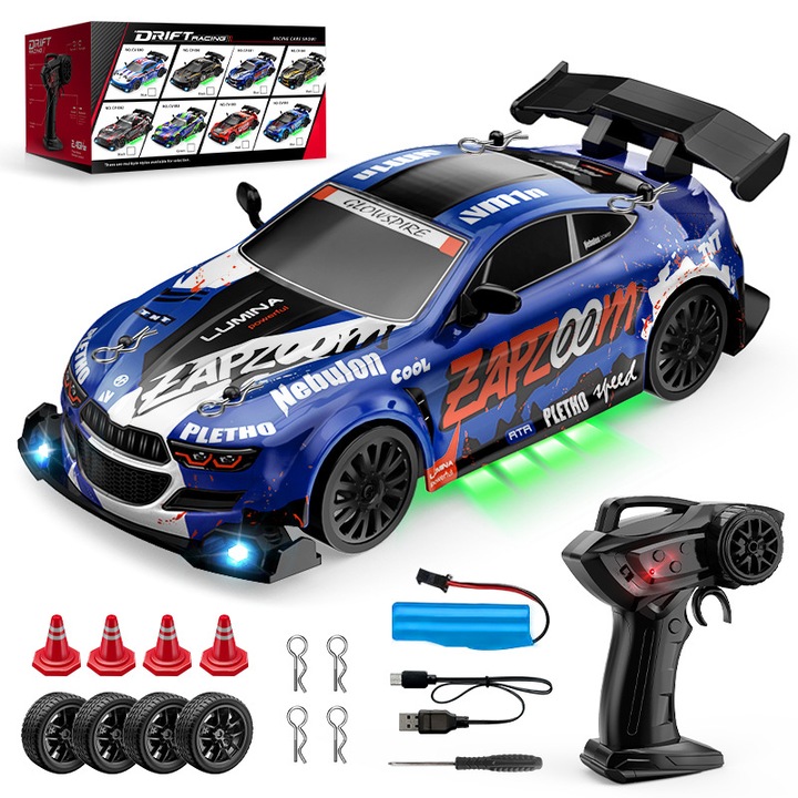 Masinuta de drift 1:24, 4WD, 2.4GHz, caroserie PVC, lumini LED, set de anvelope schimbabile, albastra