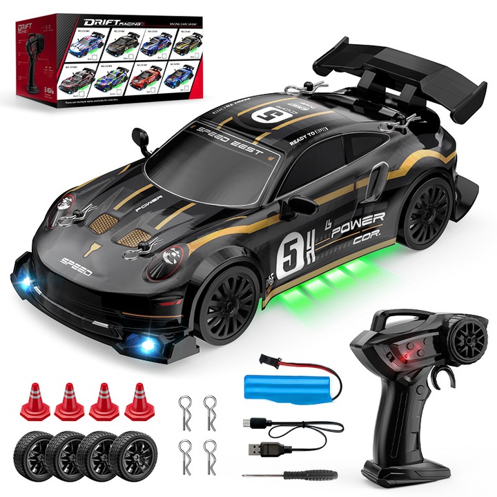 Masinuta drift 1:24, 4WD, 2.4GHz, caroserie PVC, lumini LED, set de anvelope schimbabile, negru