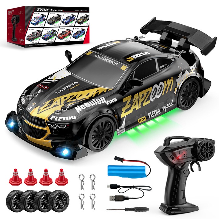 Masinuta de drift 1:24, 4WD, 2.4GHz, caroserie PVC, lumini LED, set de anvelope schimbabile, negru