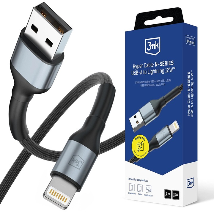 Захранващ кабел, USB, iOS, 12W, 1м - 3mk Hyper N-Series - Черен