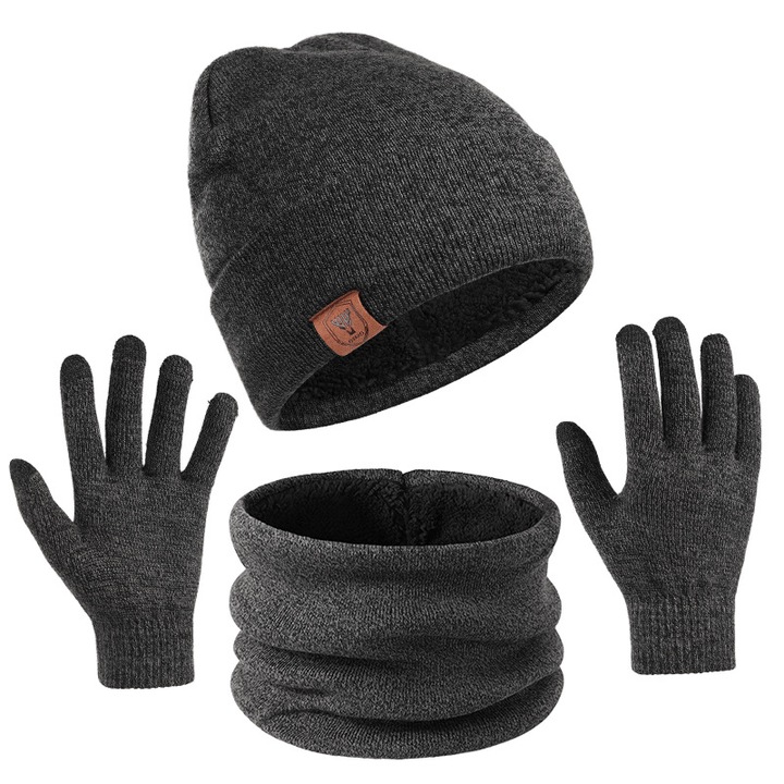 Set de iarna, caciula, fular si manusi cu touchscreen, captuseala din fleece, gri, unisex