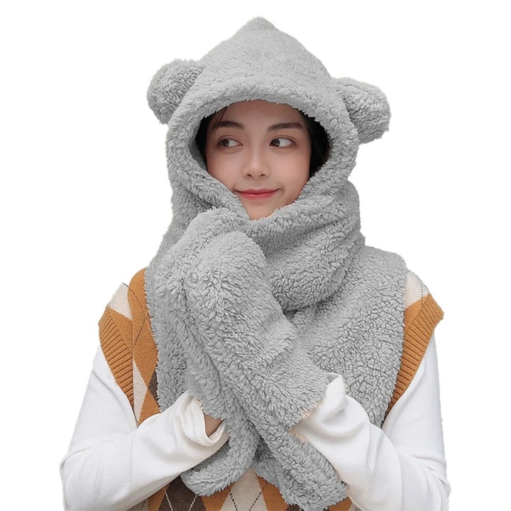 Téli szett: sapka, sál és kesztyű, szürke, 240x15cm