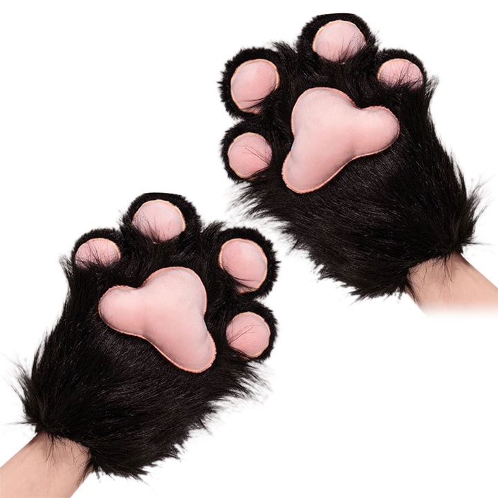 Manusi dragute de iarna cu labe de pisica pentru femei, incalzitoare de maini cosplay cu design cu amprente de labe pentru femei Negru 1 pereche Negru