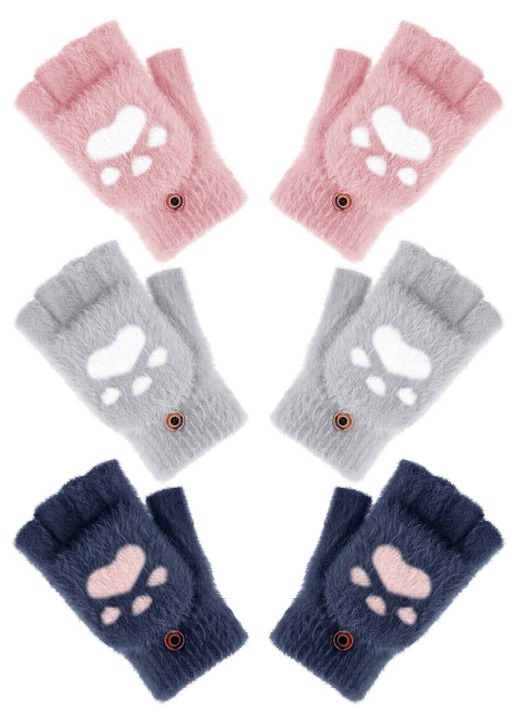 Комплект от 3 чифта ръкавици без пръсти, светлосиви, розови, тъмносини, имитация на норка, за жени, Един размер