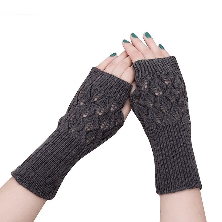 Дълги плетени ръкавици за жени, ръчно бродирани, топли за зимата, без пръсти, тъмно сиви