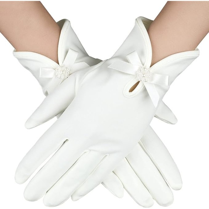 Manusi de satin pentru femei, manusi albe de mireasa cu funda la incheietura mainii, manusi vintage, pentru bal, petrecere de ceai, accesoriu pentru costum