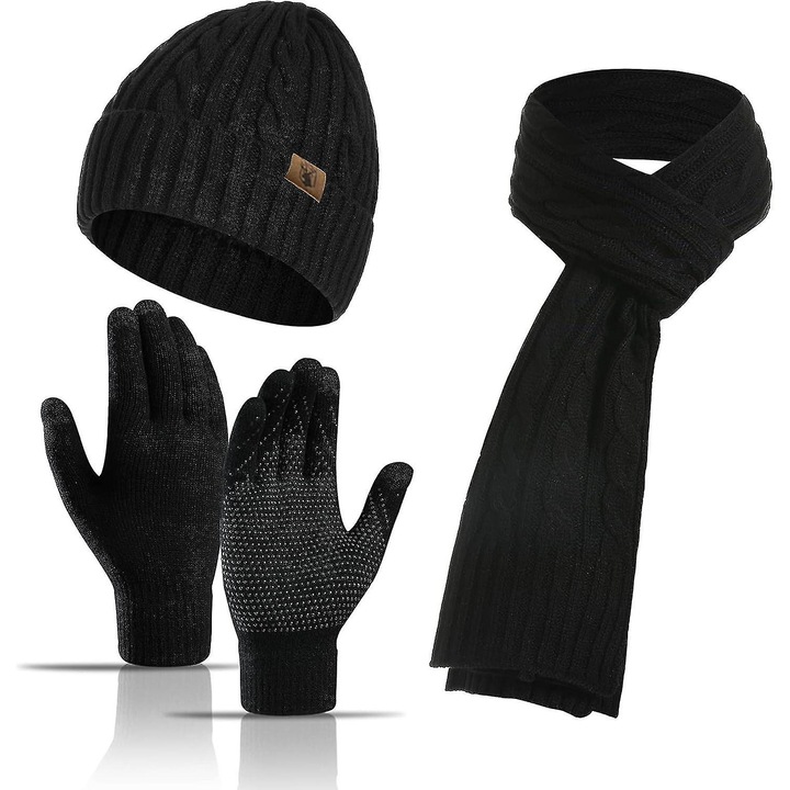 Set caciula, fular si manusi touchscreen, navy blue, dimensiune unica