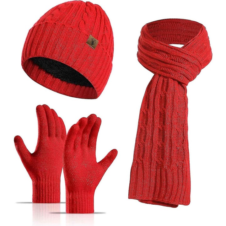 Set caciula, fular si manusi pentru barbati si femei, caciula tricotata, fular termic, manusi cu touchscreen, rosu, o singura marime