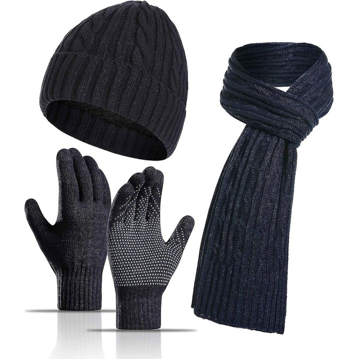 Set de iarna: Caciula, fular termic si manusi touchscreen, navy blue, unisex
