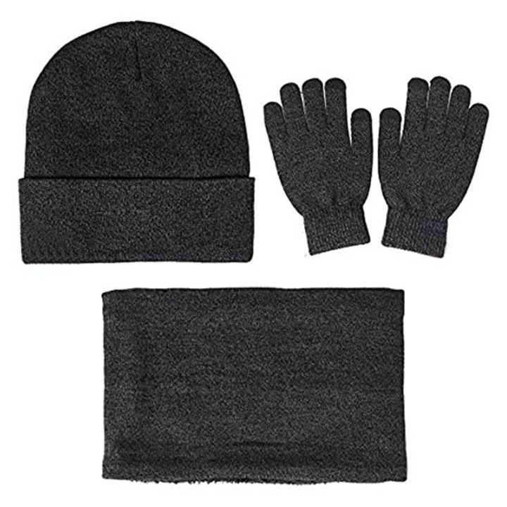 Kötött téli szett, sapka, sál és kesztyű, uniszex, szürke, változó méretek