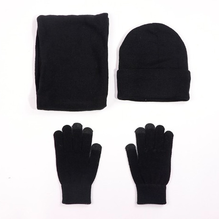 Kötött téli szett, sapka, sál és kesztyű, uniszex, fekete, változatos méretek
