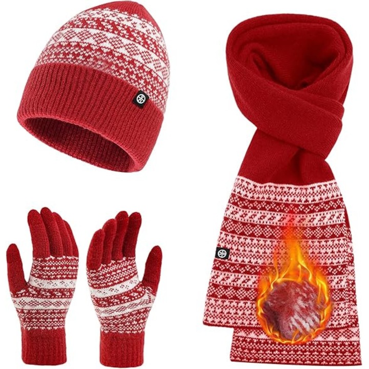 Téli szett: sapka, sál és kesztyű, Fair Isle design, piros, rugalmas méretek