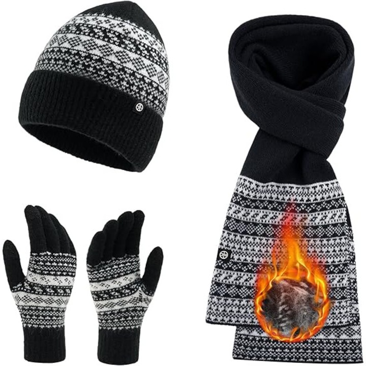Set de iarna: caciula, fular si manusi, design Fair Isle, negru, dimensiuni flexibile