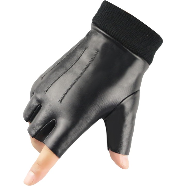 Manusi, din piele ecologica, design fara degete, captuseala din fleece subtire, negru, 16x21cm