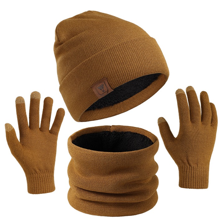 Set de iarna: caciula, fular si manusi cu touchscreen, captusite cu fleece, unisex, maro