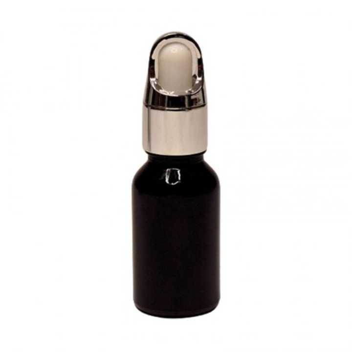 Sticla neagra cu pipeta, capac cu inel, capac pipeta argintiu/cauciuc alb, 15ml