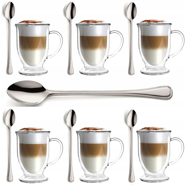 Vialli Design 12 darabos készlet - 6 db 250 ml-es termopohár 6 db 20 cm-es Bologna kanállal, üveg, elegáns