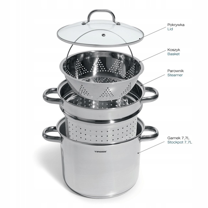 Тенджера за готвене на пара 24 см, 7.7 л, инокс, 4 части