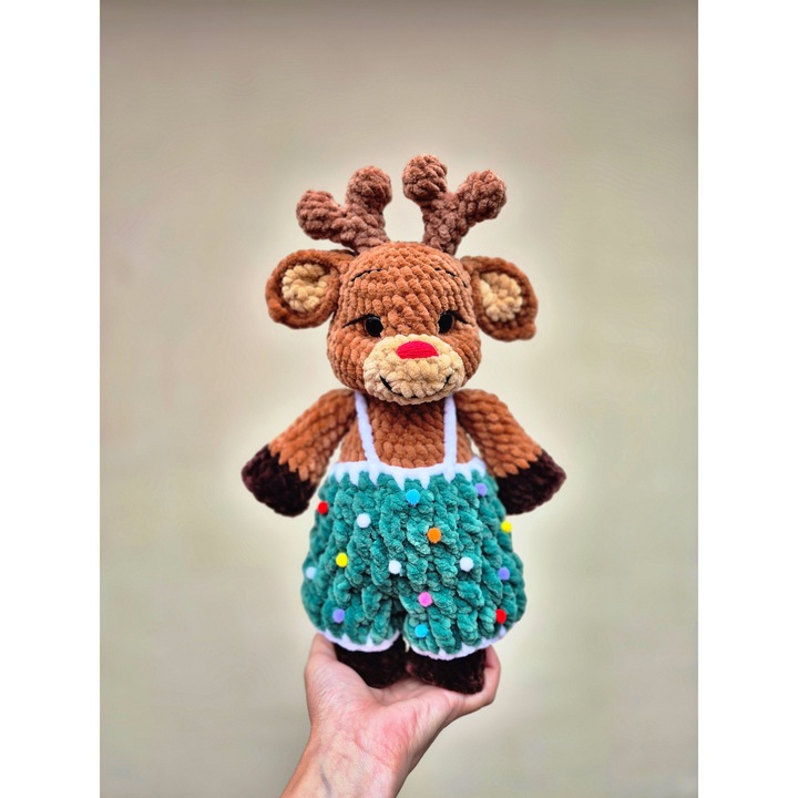 Jucarie Crosetata Ren Baietel– As, 32 cm, Realizata Manual, Cadou de Craciun