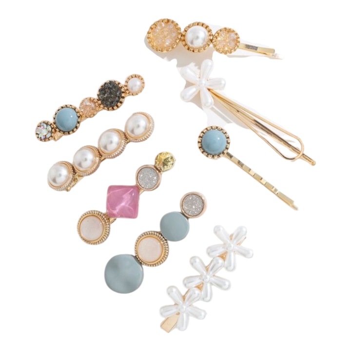 Agrafe de par aurii cu perle si pietre decorative, set 8 bucati