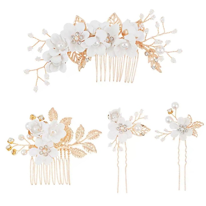 Комплект от 4 аксесоара за коса за булка, гребен и фиби, цветя, перли и кристали, златист, 13х8см