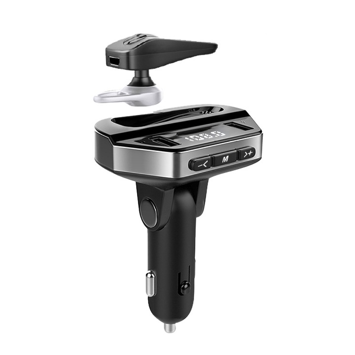 Autós FM transzmitter szett, Bluetooth 5.3, 2 USB 3.1A, fekete, méretek 90x43x65mm