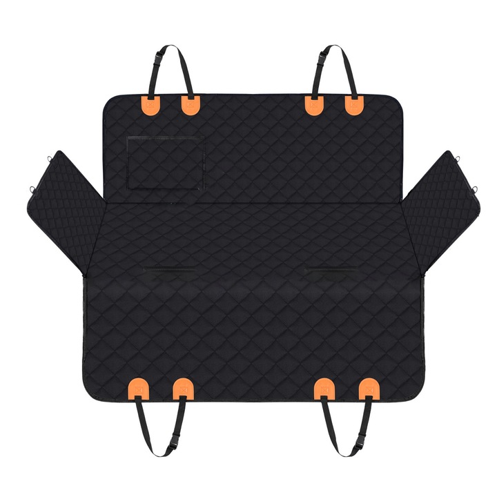 Husa pentru scaunul pentru caini, material Oxford 600D, strat impermeabil din PVC, protectie pentru scaun, transportul animalului de companie, 132cm, covoras complet acoperit, negru cu contur portocaliu