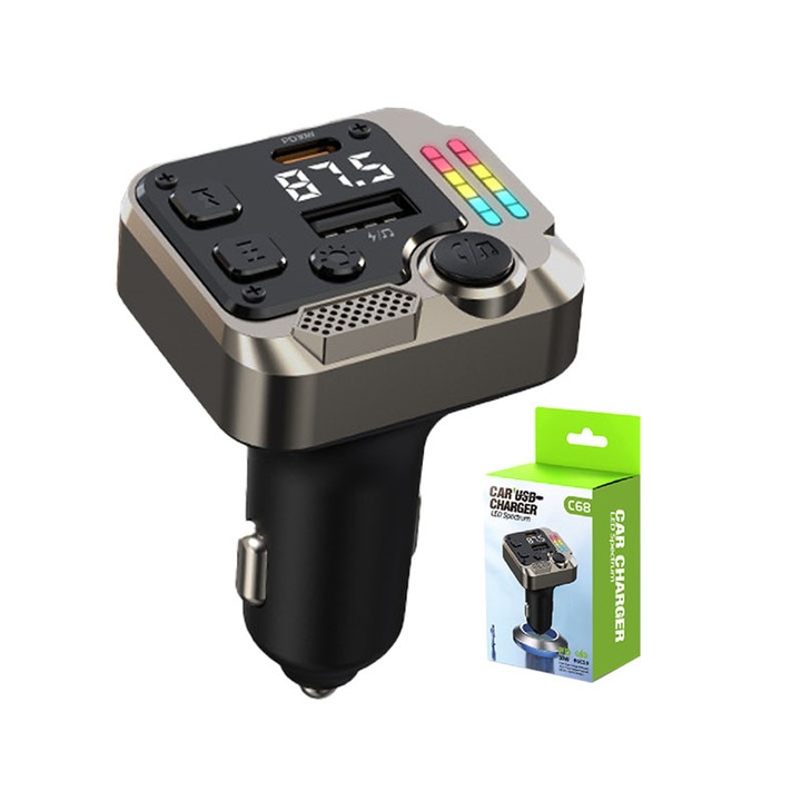 FM modulátor autóba, Bluetooth 5.3, gyors töltés 30W, USB/USB-C interfész, univerzális kompatibilitás, fém