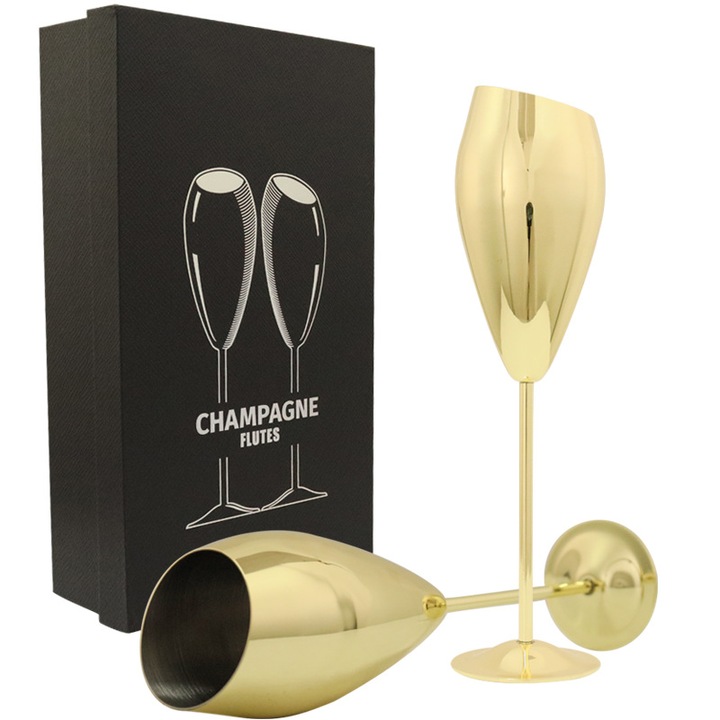 Set 2 Pahare Sampanie Tulip Gold Nabi Market, Inox, 250ml, 24x5.5cm