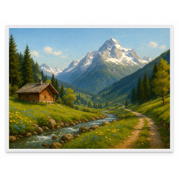 Tablou Decorativ Inramat, Print Arta pe Hartie Foto Premium 250g, Peisaje Peisaj Montan, Rama Alba 30x40 cm