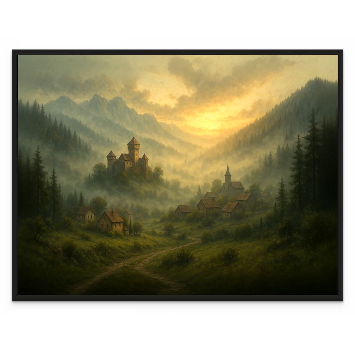 Tablou Decorativ Inramat, Print Arta pe Hartie Foto Premium 250g, Peisaje Peisaj Castel, Rama Neagra 30x40 cm