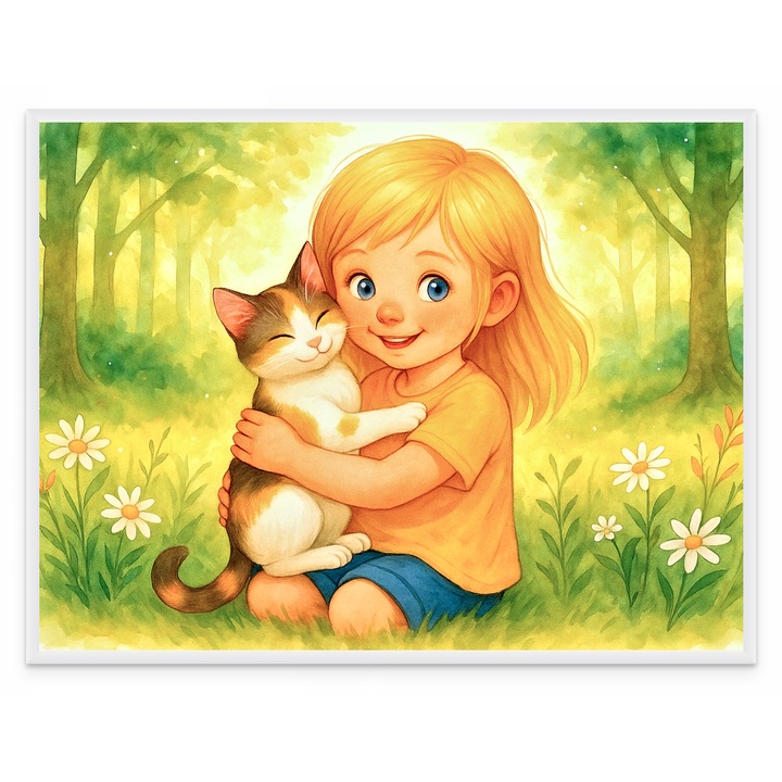 Tablou Decorativ Inramat, Print Arta pe Hartie Foto Premium 250g, Pentru Copii Animalute Pufoase Prietenii Copiilor, Rama Alba 30x40 cm