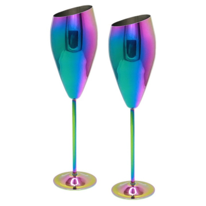 Комплект от 2 чаши за шампанско Tulip Rainbow Nabi Market, Издръжливи и устойчиви на корозия, Елегантен дизайн, Многократна употреба, Неръждаема стомана, 250 мл