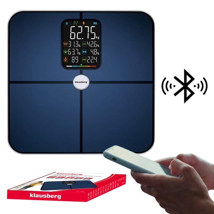 Cantar inteligent de baie Klausberg KB-7940, analiza compozitiei corporale, Bluetooth, granat, 28x28x2,3cm