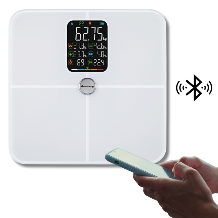 Cantar inteligent de baie Klausberg KB-7941, analiza compozitiei corporale, Bluetooth, alb, 28x28cm
