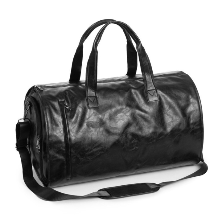 Utazótáska, Ökológiai Bőr, Állítható Vállpánt, Trolley Zseb, Ideális Utazáshoz, Sporthoz és Hétvégére, 32x55x32 cm, Fekete, PriStyle®