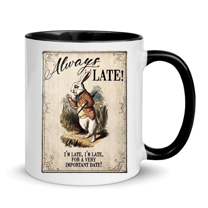 Cana ceramica Alice in Wonderland, model I am always late, alb-negru, 330ml