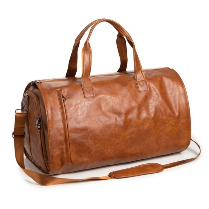 Geanta de Voiaj din Piele Ecologica, Bretea de Umar Reglabila, Buzunar pentru Trolley, Ideala pentru Calatorii, Sport si Weekend, 32x55x32 cm, Maro, PriStyle®