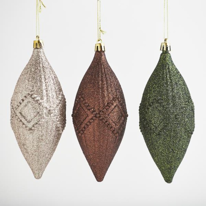 Set 3 globuri decorative din plastic, verde, sampanie si maro, 15.5 cm