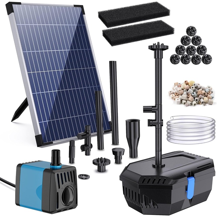 Слънчев филтър за езерце Biling 12W с помпа 605L/h, 4 дюзи, 5м кабел