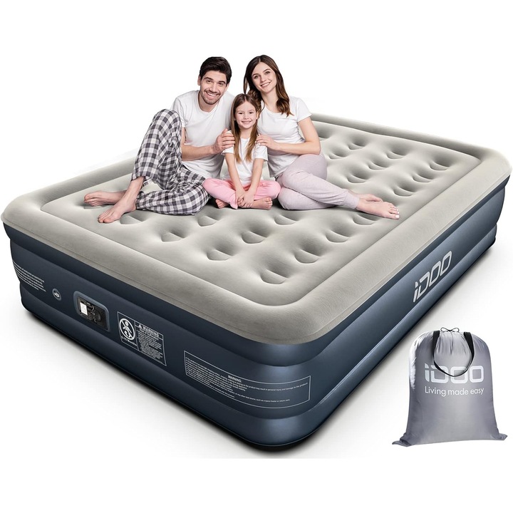 Къмпинг матрак iDOO, 203x152x38 см, с помпа, водоустойчив, поддържа 295 кг, комплект за спане