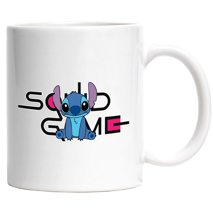 Cana Cu Stitch, Cu Textul "Squid Game" - Design 21, Ceramica, 330ML, Cu Maner si Interior Alb