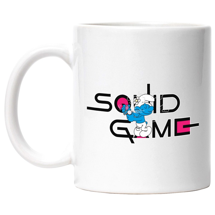 Cana Cu Strumf, Cu Textul "Squid Game" - Design 3, Ceramica, 330ML, Cu Maner si Interior Alb