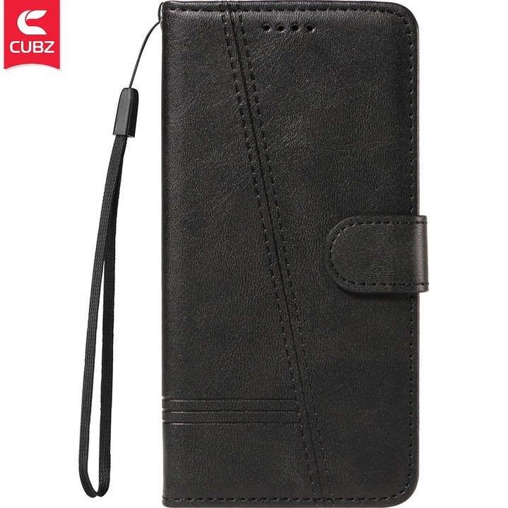 Защитен калъф тип флип, съвместим с Honor 400 Smart (4G / 5G) / X7d 4G / Play 10T 5G, тип книга с щамповани линии във формата на буквата Т, магнитен капак, джобове за карти, екологична кожа, черен