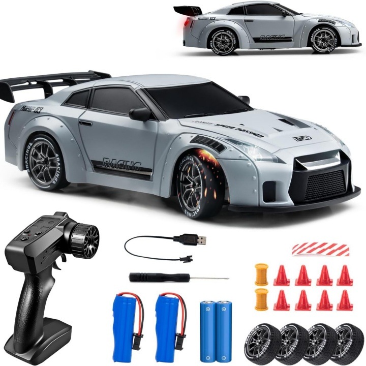 RC autó 1:24 LED-ekkel, 4WD, ezüst, 20 km/h, készlet 4 drift és 4 verseny gumiabronccsal