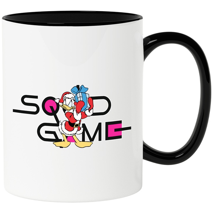 Cana Cu Mickey si Minnie, Cu Textul "Squid Game" - Design 3, Ceramica, 330ML, Cu Maner si Interior Negru